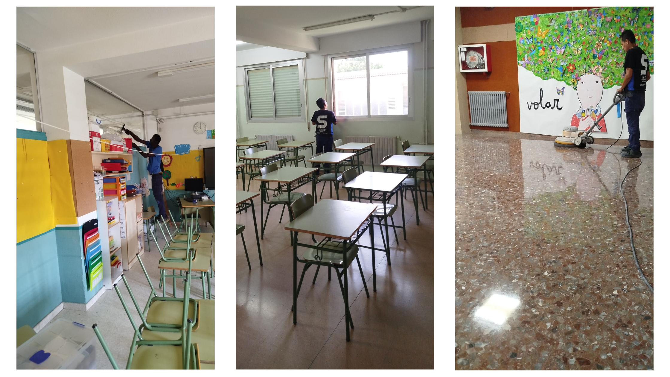 operarios de la empresa serfey realizando trabajos de limpieza en un colegio
